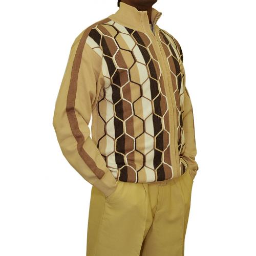 SilverSilk Tan / Taupe / Brown / Cream Knitted Front Zipper Stripes Hexagonal Design Sweater 5963